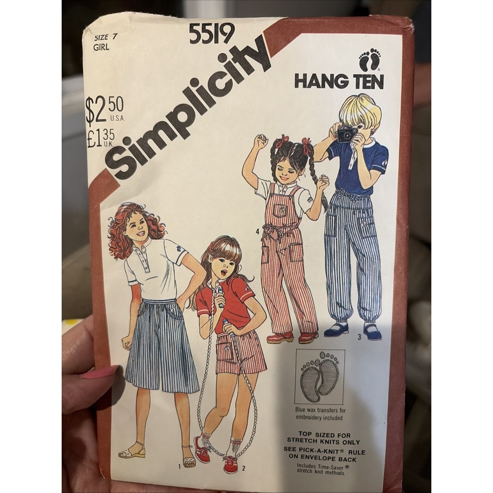 Vintage Simplicity 5519 Girls Sewing Pattern Hang Ten Overalls Shorts Size 7